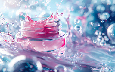 Vibrant image of a pink cosmetic skincare cream with dynamic splashes and suspended water droplets