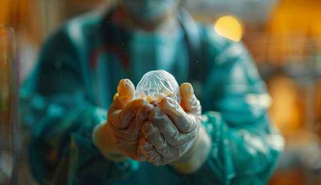 Doctor carries baby in amniotic sac premature birth
