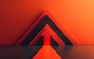 Minimalist design of a red arrow rising from a black triangle against an orange backdrop