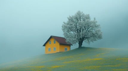 Yellow house on a misty hillside with a large frosted tree and a field of blooming yellow flowers.