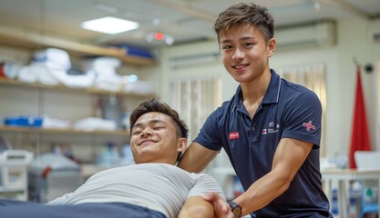 Physiotherapy in Action A physiotherapist assisting a patient with rehabilitation exercises, emphasizing physical recovery and regaining strength