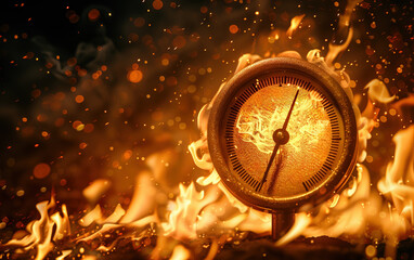 Thermometer registering high temperatures amidst vibrant flames and sparks