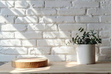 Empty wooden pedestal on kitchen table before white brick wall - generative ai