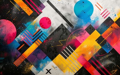 Vibrant graffiti inspired digital art, blending shapes and splatters on a textured backdrop