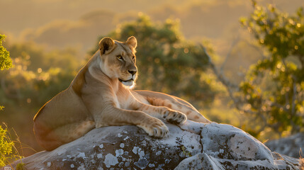 a lion lying on a rock with a natural background