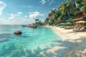 Fototapeta premium A serene beachfront resort with luxurious amenities and stunning ocean views, providing the ultimate escape for relaxation and rejuvenation. Concept of luxury travel and indulgence. Generative Ai.