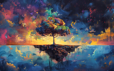 Surreal landscape with vibrant tree reflection