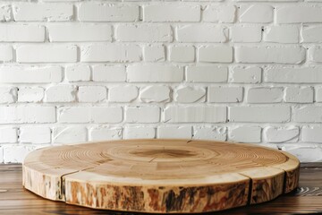 Empty wooden pedestal on kitchen table before white brick wall - generative ai