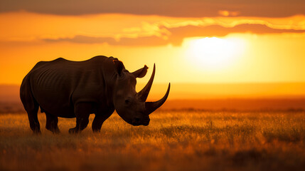 Obraz premium A majestic rhinoceros at sunset