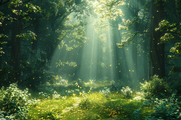 Obraz premium A verdant forest carpeted with emerald foliage, sunlight filtering through the canopy and dappling the forest floor with specks of gold. Concept of rejuvenation and tranquility. Generative Ai.