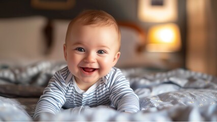 A 6 month old baby boy smiling, laying on a bed
