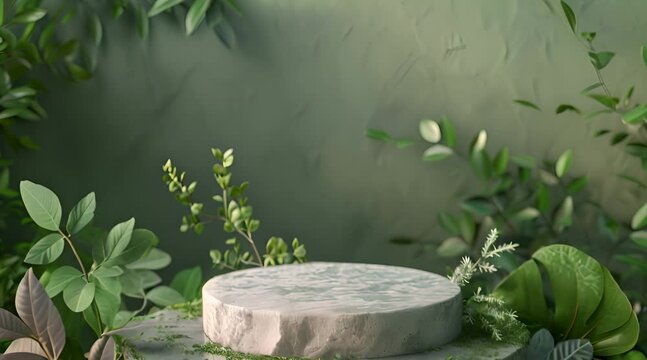 Tropical plants with concrete backdrop - A realistic 3D illustration of a podium surrounded by lush tropical vegetation against a grunge concrete background