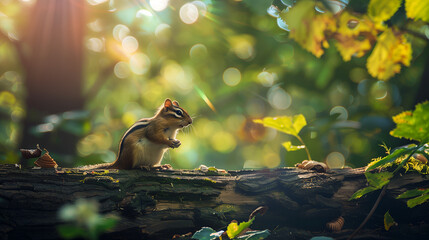 A chipmunk perched on a weathered log