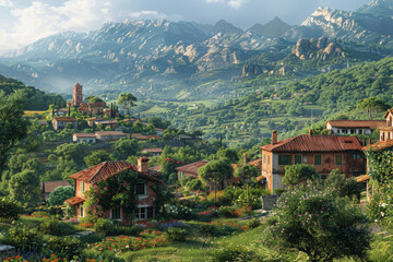 A picturesque village nestled in a valley surrounded by rolling hills, its quaint cottages and winding streets evoking a sense of timeless charm and tranquility.  Generative Ai.