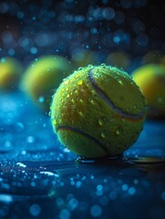 Bright neon colored tennis balls on a dark blue background with extreme depth of field. 