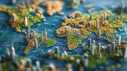 Detailed 3D World Map Featuring Cities and Landmarks