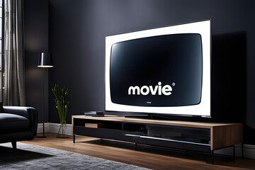 Fototapeta premium A flat-screen TV set with the Movie logo displayed as an animation effect, ai generative