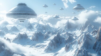 Futuristic Flying Saucers Hovering Above Snow-Capped Mountains