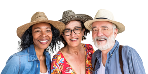 Three middle-aged multi ethnic friends wearing summer outfit and smiling. Isolated over transparent background