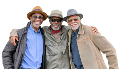 Three senior retired male friends posing with joy over isolated white transparent background