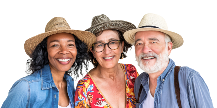 Three middle-aged multi ethnic friends wearing summer outfit and smiling. Isolated over transparent background
