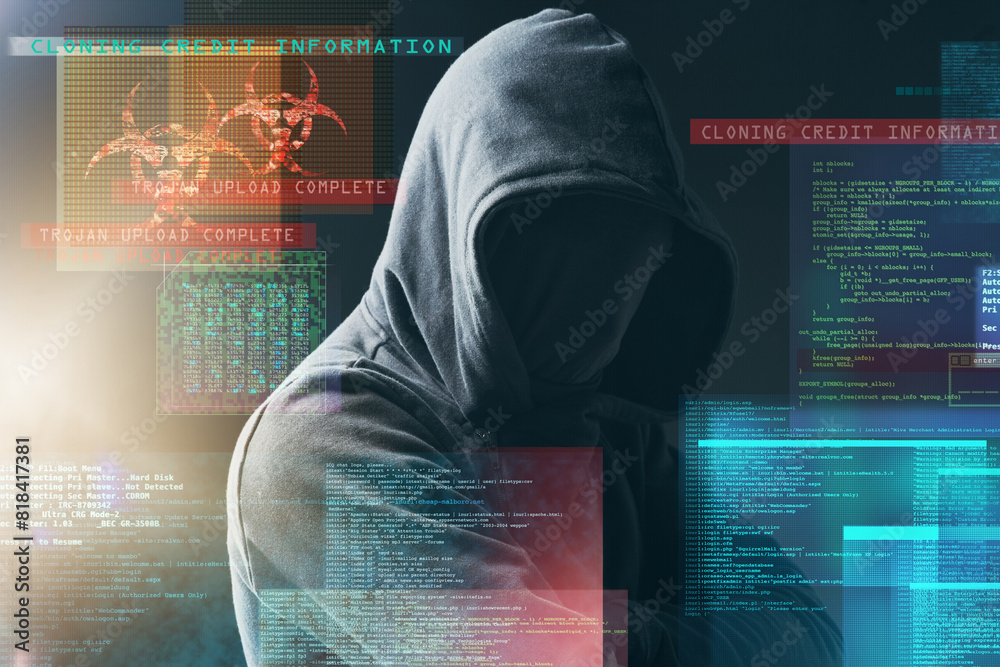 Aufkleber Coding overlay, hacker and man in dark for programming, upload virus and information technology. Cybersecurity, computer data and person with ui graphic for online crime, financial fraud and malware