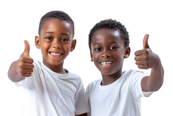 Two cute African little boy wearing white t-shirts and doing thumbs up posing over isolated transparent background