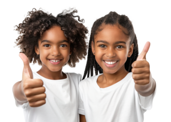 Two adorable little African siblings wearing white t-shirt and doing thumbs up at camera. Isolated over transparent background