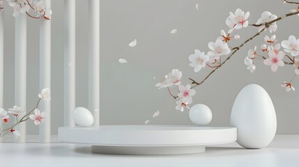 Geometric podium platform stand for product presentation, Easter eggs and levitate spring flowers on grey background. Mock up scene. Business Concept. Happy Easter holiday.
