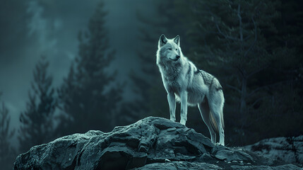 A lone wolf standing proudly on a rocky outcrop