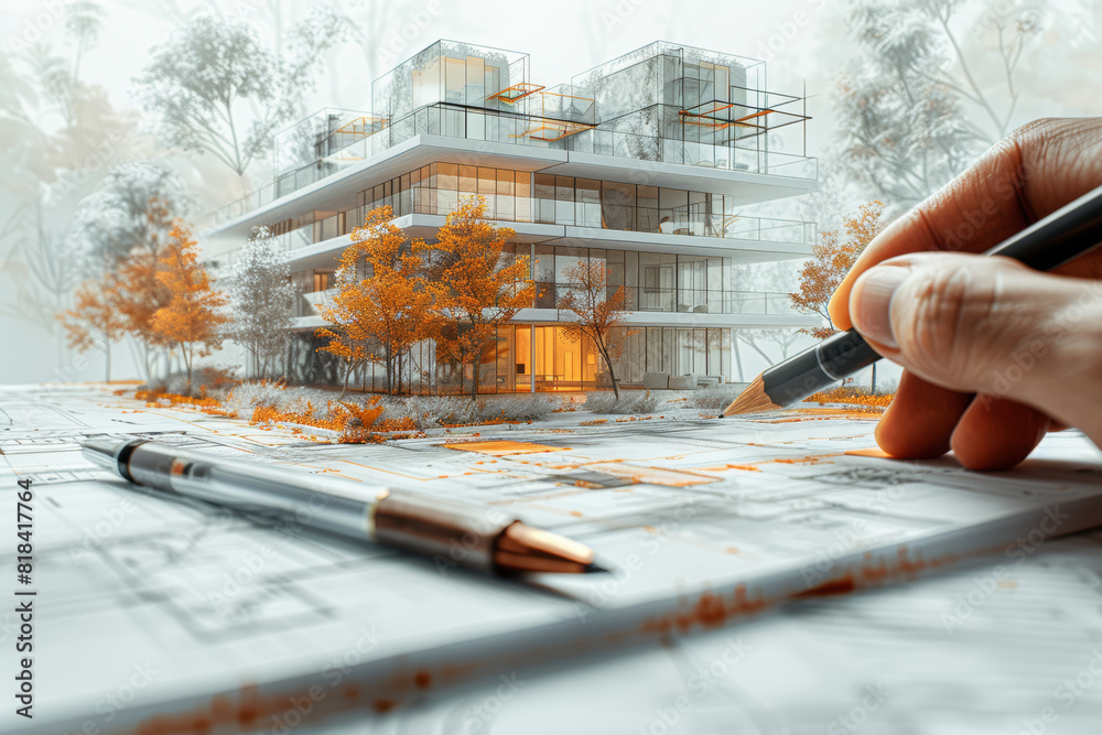 Poster an architect designing a building, envisioning spaces that blend form and function in innovative way
