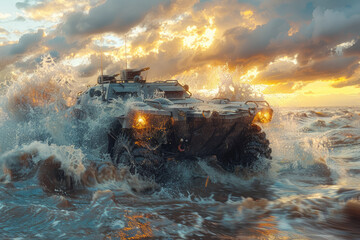 High-speed amphibious assault vehicle charging through the waves, ready to storm enemy shores. Concept of amphibious warfare and swift deployment. Generative Ai.