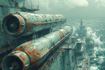 Coastal defense missile battery guarding strategic ports and naval bases from seaborne threats, ready to repel any incursion. Concept of maritime defense and coastal security. Generative Ai.