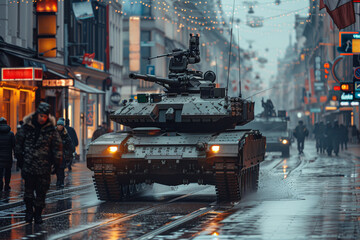 Naklejka premium Infantry fighting vehicle maneuvering through urban streets, providing cover fire for dismounted troops during urban combat operations. Generative Ai.