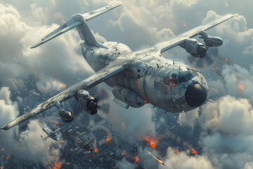 Heavy transport aircraft conducting airborne drops of supplies and equipment to besieged troops, resupplying them in the midst of battle.  Generative Ai.