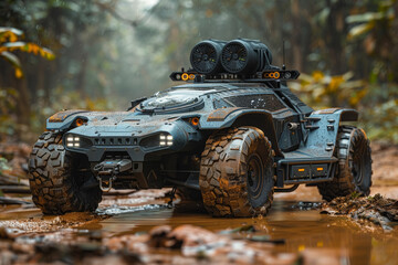 Obraz premium Reconnaissance vehicle equipped with advanced sensors and optics, scouting enemy positions with stealth and precision. Concept of reconnaissance and intelligence gathering. Generative Ai.