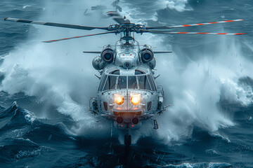Naklejka premium Anti-submarine warfare helicopter scanning the ocean surface with sonar, hunting for lurking enemy submarines beneath the waves. Generative Ai.