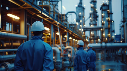 Fototapeta premium engineer working at oil refinery warehouse, oil terminal storage tank, White oil tank storage chemical petroleum petrochemical refinery product at oil terminal.
