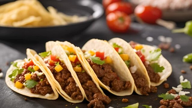 Mexican tacos with ground beef, vegetables and spices