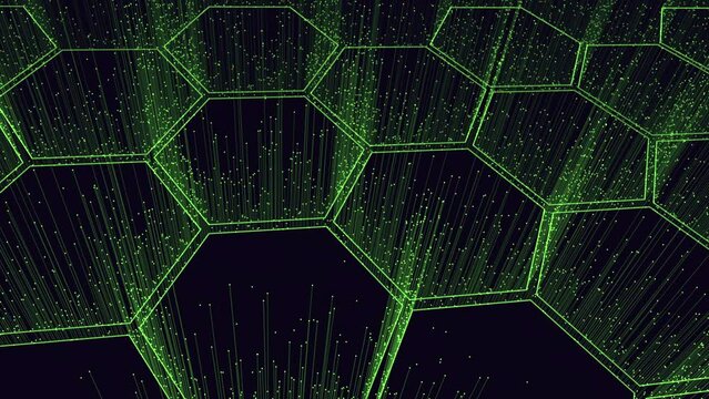 Digital representation of a honeycomb pattern: Hexagonal shapes connected by lines form a grid-like network, creating a visually striking honeycomb pattern