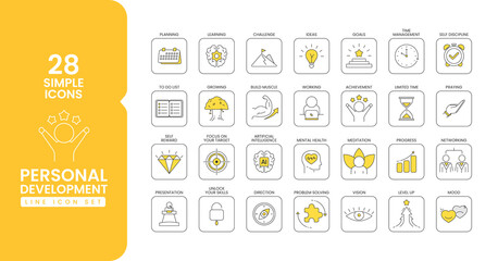Set of personal development icon, perfect for project promoting personal growth and transformation. Infographics design icon related to core values,  time management, progress