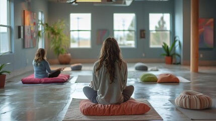Healthy lifestyle and wellness program in a community center, emphasizing self-care practices and mindfulness meditation