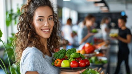 Healthy lifestyle promotion at a corporate health fair, employees participating in fitness challenges and nutritional workshops