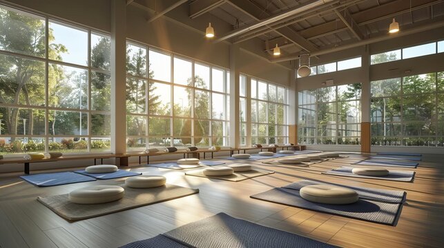 Healthy lifestyle and wellness program in a community center, emphasizing self-care practices and mindfulness meditation