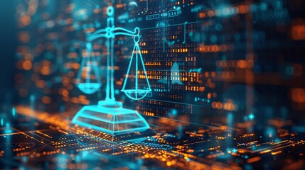 Lawyer's office setup with smart gadgets and legal icons, symbolizing the fusion of law and digital innovation.