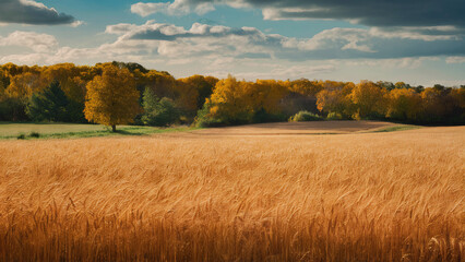 Fototapeta premium Scenic view of golden wheat field against backdrop of trees in autumn.