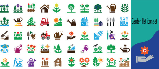 Fototapeta premium Garden flat icons set including flowers,plot,dacha,grass,watering can,trees,care,digger icons,and more signs color.