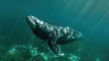 Mesmerizing marine mammal gracefully swims in the enchanting ocean, surrounded by sea life