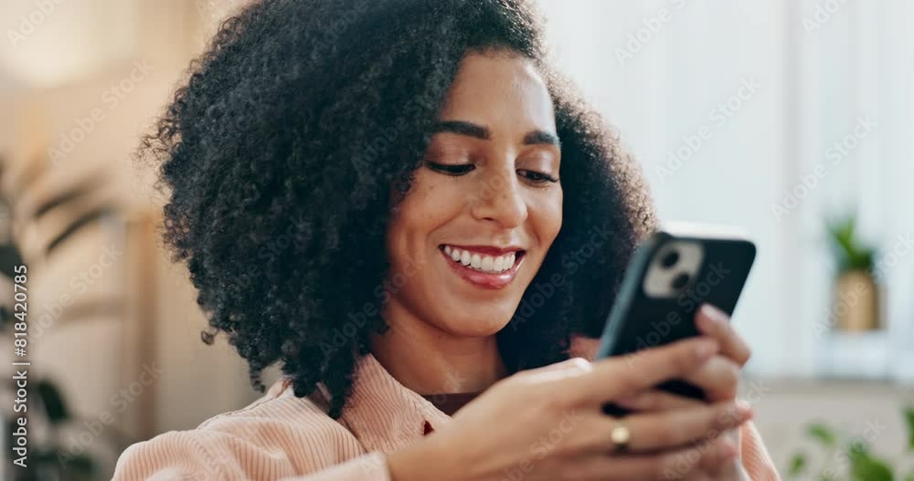 Poster woman, home and sofa and scrolling with smartphone, communication and browse on social media or smil