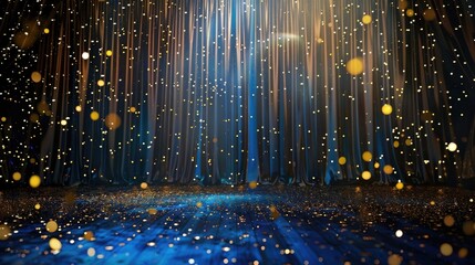An elegant stage background with blue and gold lights, golden confetti falling on the dark stage behind the curtain.